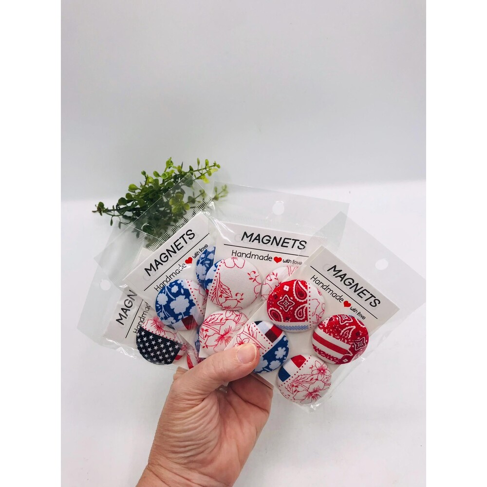 Lot of 4 Packages Handmade Fabric Button Magnets: Americana Kitchen  1.5" Each